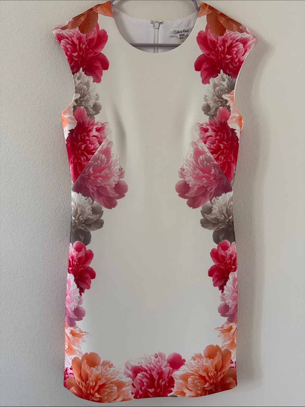 Calvin Klein White Mini Dress with Pink, Orange & Gray Floral Sides